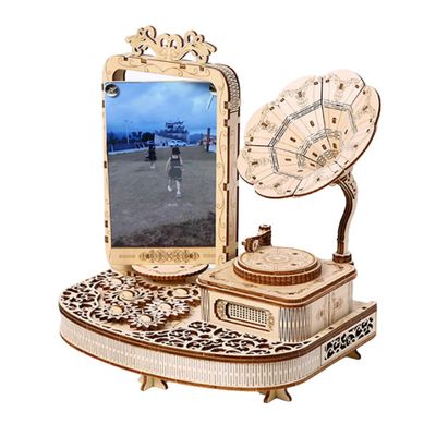 3D Wooden Puzzle Kit, DIY Gramophone Model with Photo Frame & LED Light, Creative Assembly Set for Office Desk Decor & Collector (169PCS)