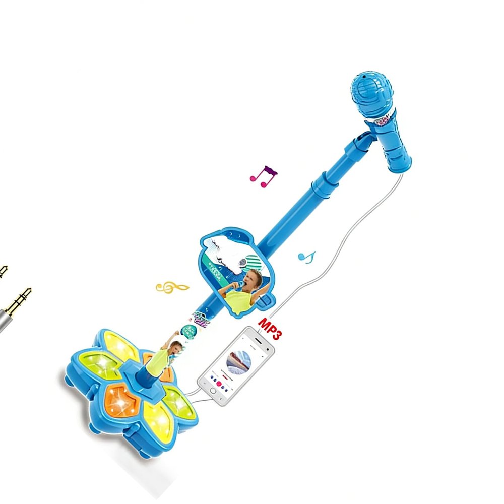 Childrens Song Microphone Featuring Detachable Stand and LED Lights for Home Musical Enjoyment Blue Microphone Toy
