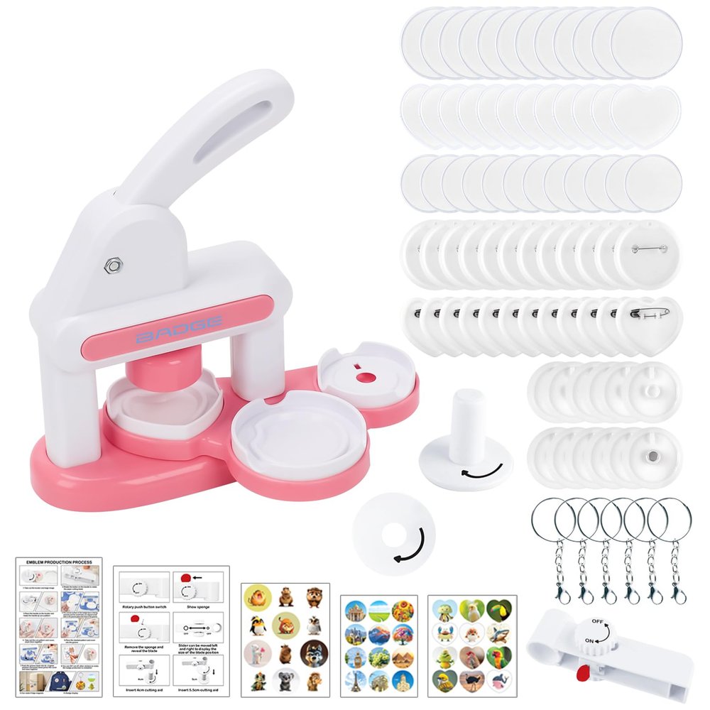 BestYiJo 85 Pcs Button Maker Machine Kit: 55mm & 35mm Round/Heart Pin Badge Press for DIY Craft Supplies, Gifts & Party Favors (Pink)