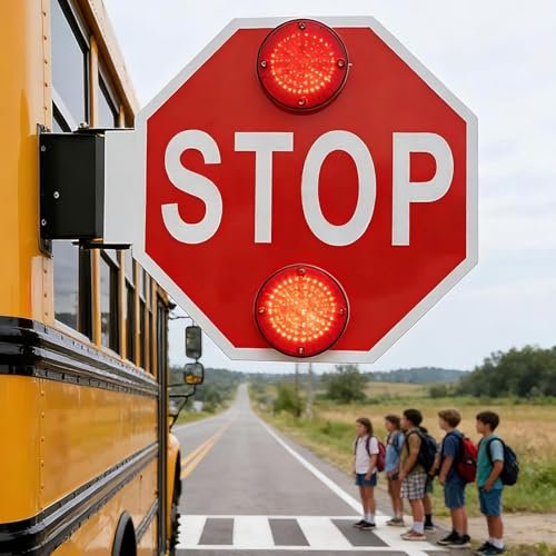 18" Reflective Stop Sign for School Buses, LED Flashing Traffic Warning Sign, Automatic Retraction, 24V Safety Signal for Enhanced Visibility