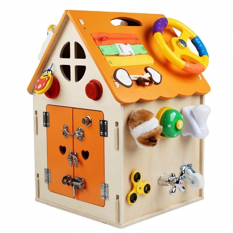 Montessori Wooden Busy House,Solid Wood,Safe&Non-Toxic,Cultivate Practical and Logical Thinking Ability,Life and Fine Motor Skills,Wooden Busy House for Toddlers,Christmas Birthday Gift (Orange)