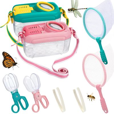 2Sets Bug Catcher for Kids - Sturdy Kids Bug Catching Kit Gifts with Collector Butterfly Net Tweezer, Bugs Habitat Outdoor Explorer Kit for Age 3 4 5 6 7 8, 8Pcs, Pink & Blue