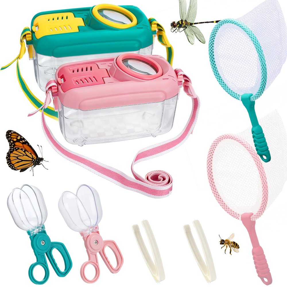 2Sets Bug Catcher for Kids - Sturdy Kids Bug Catching Kit Gifts with Collector Butterfly Net Tweezer, Bugs Habitat Outdoor Explorer Kit for Age 3 4 5 6 7 8, 8Pcs, Pink & Blue