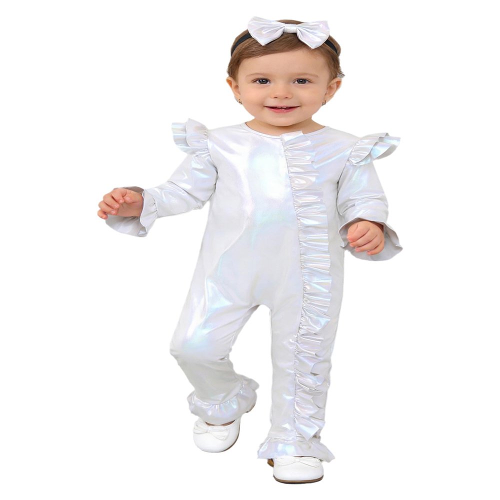 YONGHS Toddler Baby Girl Bell Bottom Jumpsuit Shiny Metallic 70s Disco Costume Birthday Party Outfit Ivory 12-18 Months