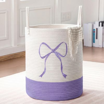 Honeydak Purple Laundry Basket Bow Hamper Coquette Laundry Basket Cotton Rope Purple Hamper 15 x 17.7 Inches Toy Box Large Coquette Bow Teens Girls Room Storage for Blanket Toys Clothes Organization