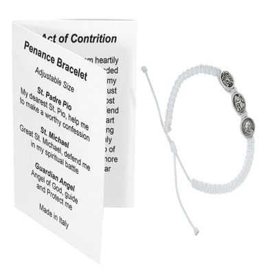 CATHOLIC - WHITE PENANCE BRACELET W/ - KID'S SIZE WHITE CORDED PENANCE BRACELET W/PADRE PIO, GUARDIAN ANGEL AND ST. MICHAEL MEDALS. W/PRAYER BOOKLET AND HANG CARD
