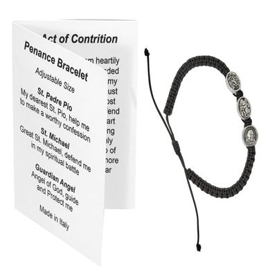 CATHOLIC - BLACK PENANCE BRACELET W/ - KID'S SIZE BLACK CORDED PENANCE BRACELET W/PADRE PIO, GUARDIAN ANGEL AND ST. MICHAEL MEDALS. W/PRAYER BOOKLET AND HANG CARD