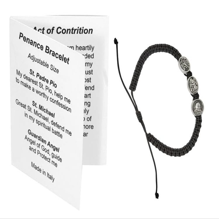 CATHOLIC - BLACK PENANCE BRACELET W/ - KID'S SIZE BLACK CORDED PENANCE BRACELET W/PADRE PIO, GUARDIAN ANGEL AND ST. MICHAEL MEDALS. W/PRAYER BOOKLET AND HANG CARD