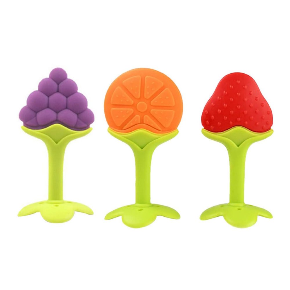 3Pcs Baby Teething Toys, Soft Silicone Fruit Shape Grape Strawberry Orange Teethers Teething Pain Relief Toy Gums Chew for Toddlers & Infants
