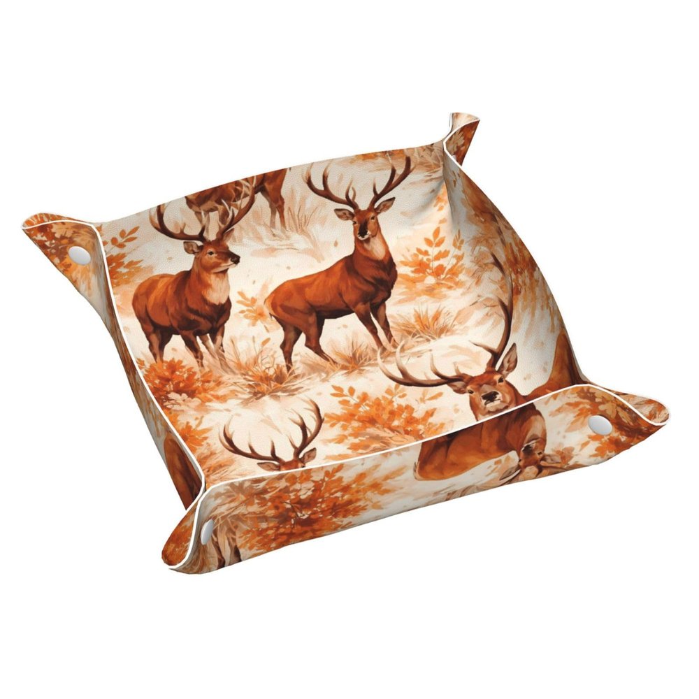 Autumn Deer Leaf Leather Storage Tray Double-Sided Printing Folding Travel Organizer