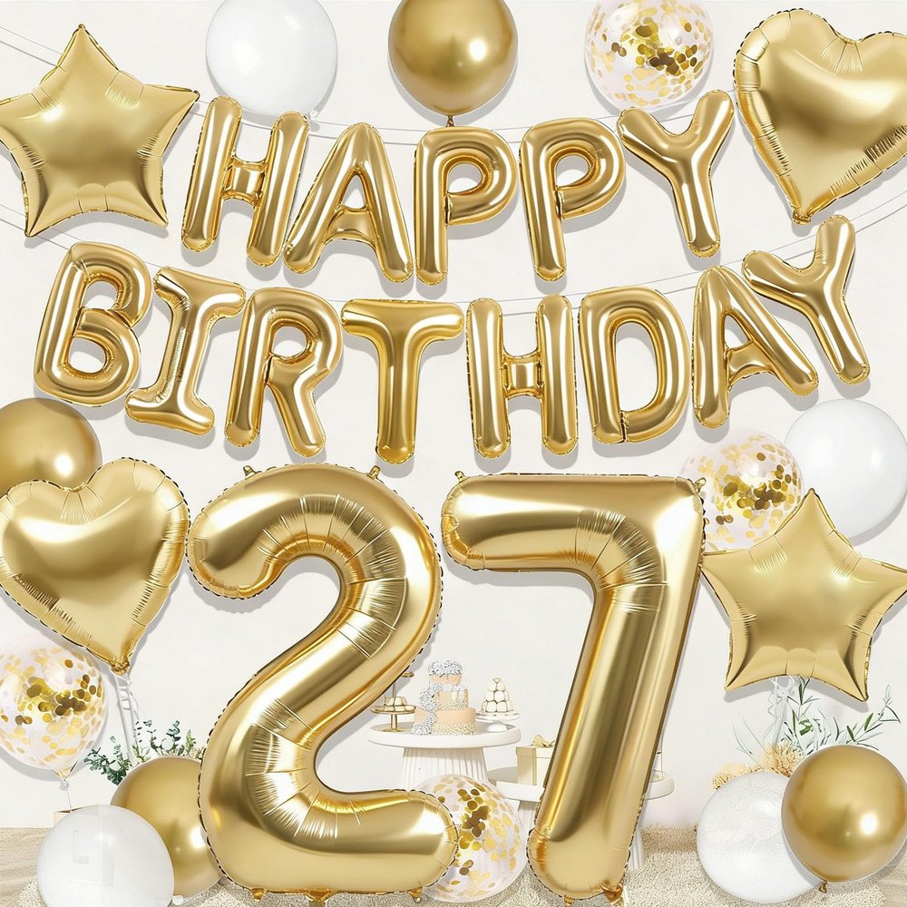 Happy 27th Birthday Decorations For Women Men, Light Gold 27 Balloon Numbers, Gold Happy Birthday Balloons, Star, Heart, White And Gold Balloons For Champagne Gold 27 Birthday Decorations