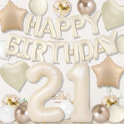 21 Birthday Decorations For Her Him, Cream 21 Balloon Number, White Happy Birthday Balloons, Star, Heart, Cream And Sand White Balloons For Happy 21st Birthday Decorations