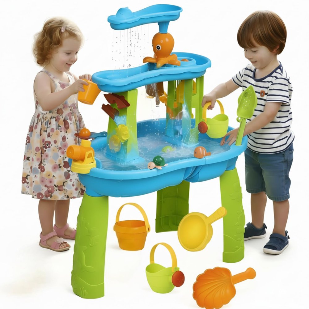 Hugut Upgraded 3-Tier Sand Water Table Outdoor Sensory Play Table for Kids, Ideal Gift for Backyard Summer Fun