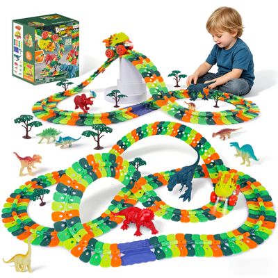 Dinosaur Track Toy, 262PCS Dinosaur Race Track Set with Suction Cup Track, 360 Gravity Climbing Cars, Flexible Track Building Set with Light Up Cars, Toys for Boys Girls Ages 3-8