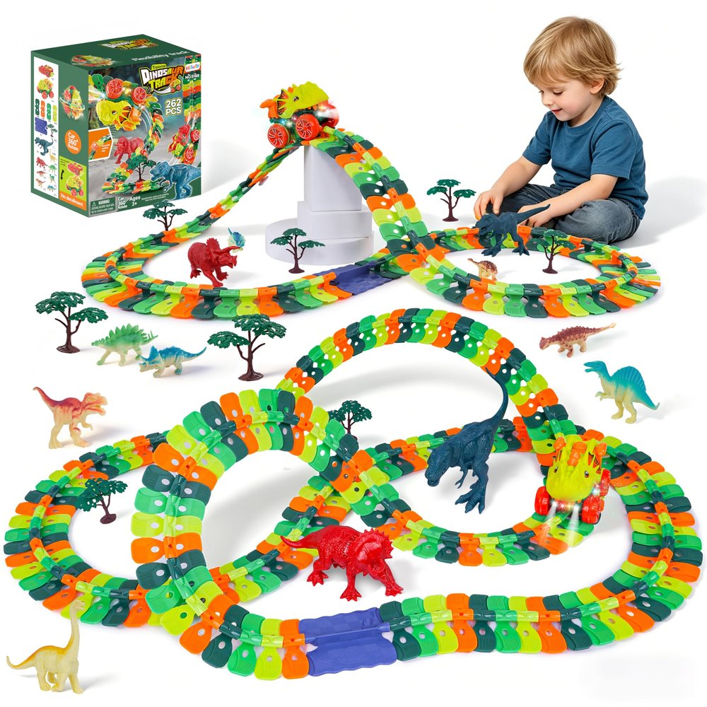 Dinosaur Track Toy, 262PCS Dinosaur Race Track Set with Suction Cup Track, 360 Gravity Climbing Cars, Flexible Track Building Set with Light Up Cars, Toys for Boys Girls Ages 3-8