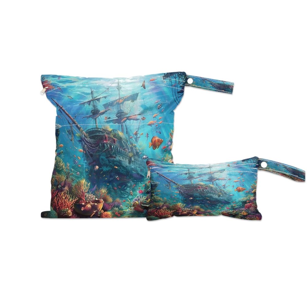 YPPAHHHH Boat Nautical Wet Dry Bag for Baby Cloth Diaper, Tropical Fish Waterproof Reusable Wet Bags for Travel Beach Swimsuit- 2 Pack