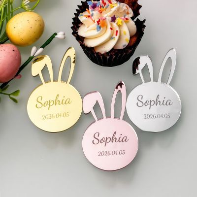 10pcs Custom Happy Easter Cake Toppers, Rabbit Shape Acrylic Cupcake Toppers, Personalized Gift Tags for Easter Decorations, Birthday Party