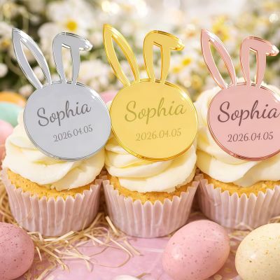 10Pcs Personalized Rabbit-Shape Acrylic Cake Toppers, Bunny Shaped Acrylic Tags for Spring Birthday Party, Home Festival Supplies Cupcake Decor