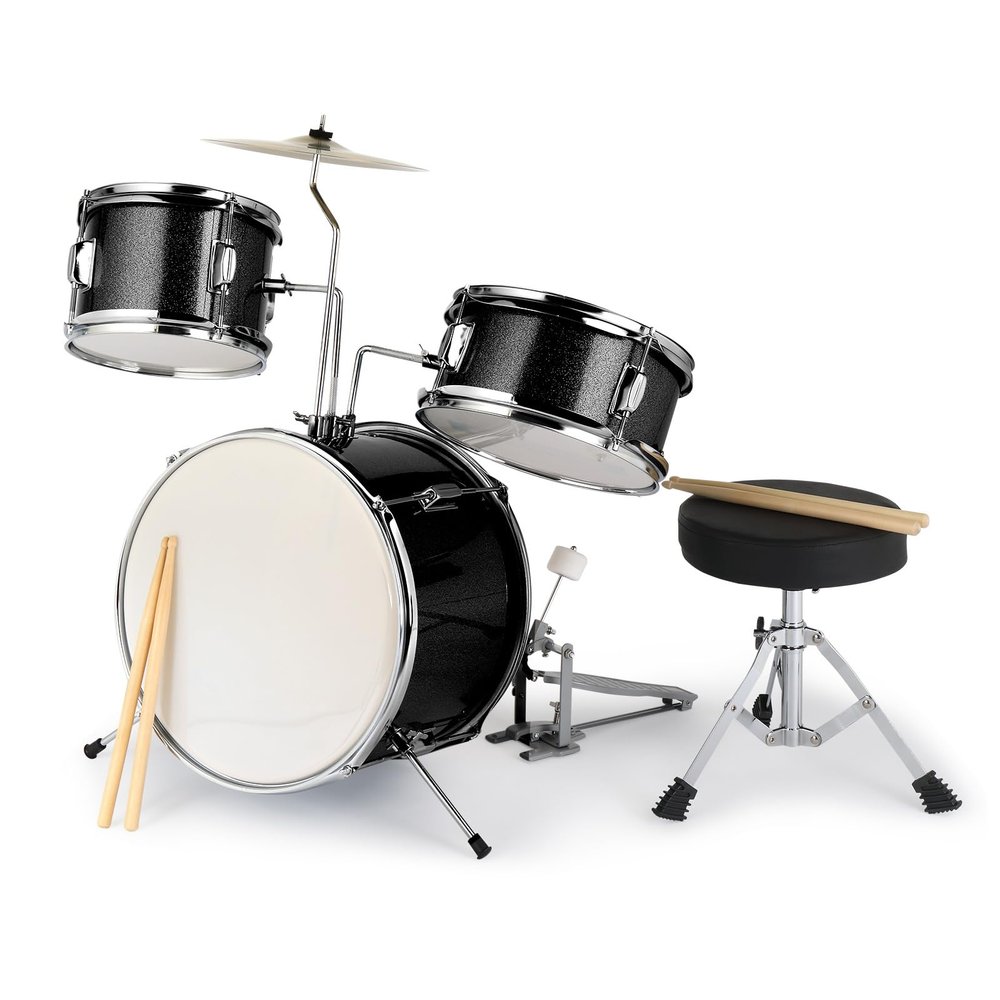 14"x10" 3-Piece Junior Kids Drum Set with Pedal, Drum Stool, Cymbal, 2 Pairs of Drum Sticks & Wrench, Complete Starter Kit for Children, Space-Saving Design with Carry Strap - Black