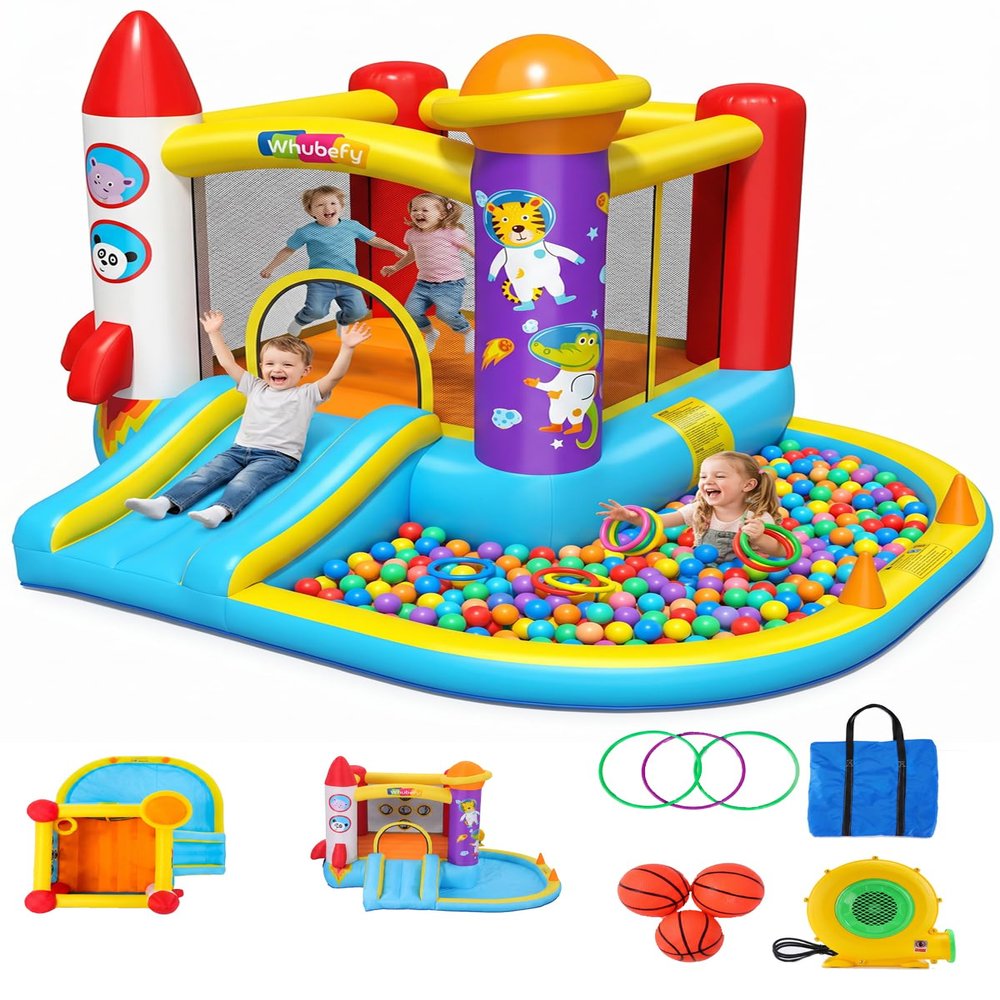 Whubefy Inflatable Bounce House for Kids 3-6, Bouncy House with Ball Pit Pool, Jumping Castle with Blower for Kids,Space Theme Play House 112x98.4 in for Party,Backyard