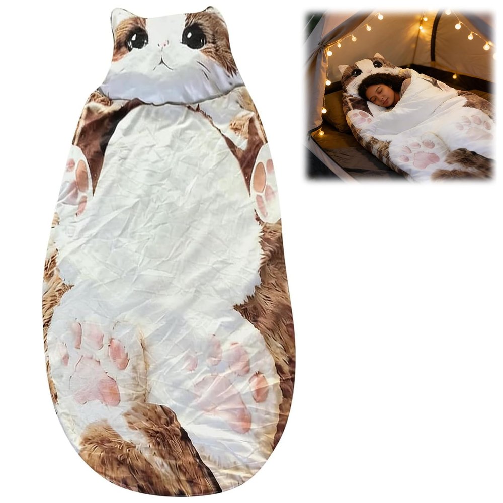 Cat Sleeping Bag for Human, Adorable Cat Envelope Sleeping Bag, 68.9x31.5 Inch Washable Warm Blanket Suitable for Friends Staying Overnight, Camping, and Car Trips. (E)