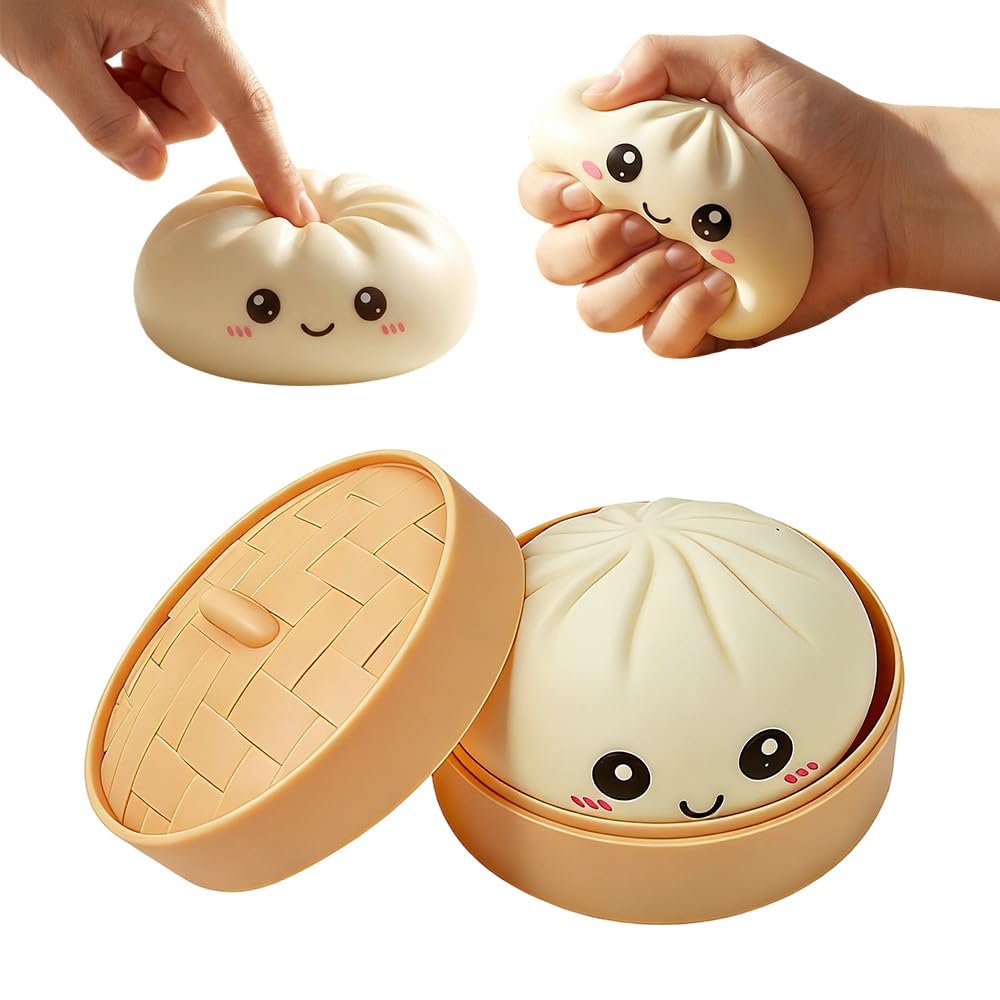 2026 New Dumpling Squishies, Shimmering Dumpling Squishies Box Colorful Dumplings Stress Balls Fidget Sensory, Squeeze Dough Ball Stress Relief Hand with Food Steamer Stretchy Desk