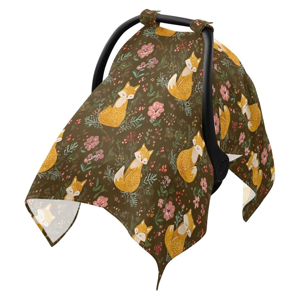 Cute Fox 1 Infant Car Seat Cover Baby Stroller Carseat Covers Canopy Boys Girls Muslin Breathable Soft Lightweight Sun Shade Universal Fit