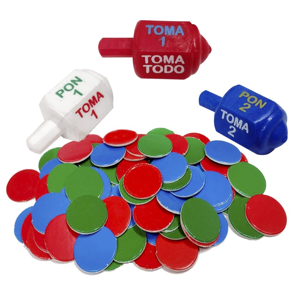 Pack of 3 Classic Mexican Pirinola Toma Todo Solid Plastic in Spanish with Chips, 2.1 Inches Tall - Red White and Blue Colors