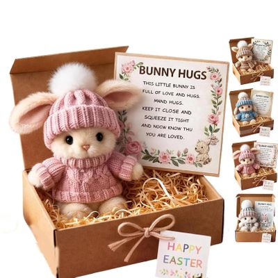 2026 Handmade Mini Bunny Hug Cute Easter Gift with Card, Soft Plush Rabbit Mini Bunny Hugs in Box Easter Basket Women Men for Inspirational Easters Gifts (Pink)