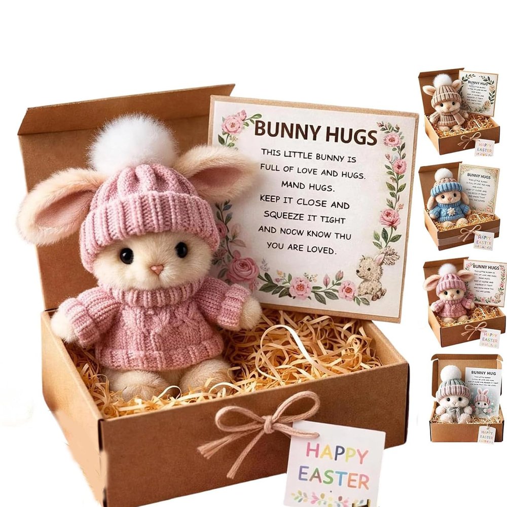 2026 Handmade Mini Bunny Hug Cute Easter Gift with Card, Soft Plush Rabbit Mini Bunny Hugs in Box Easter Basket Women Men for Inspirational Easters Gifts (Pink)