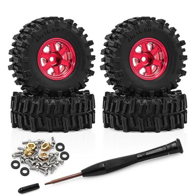 4PCS 0.7" Beadlock Tires Metal Wheels 1.57"x0.63" Sticky Foam-Filled Tires for scx30 upgrades 1/30 RC Crawler (Red)