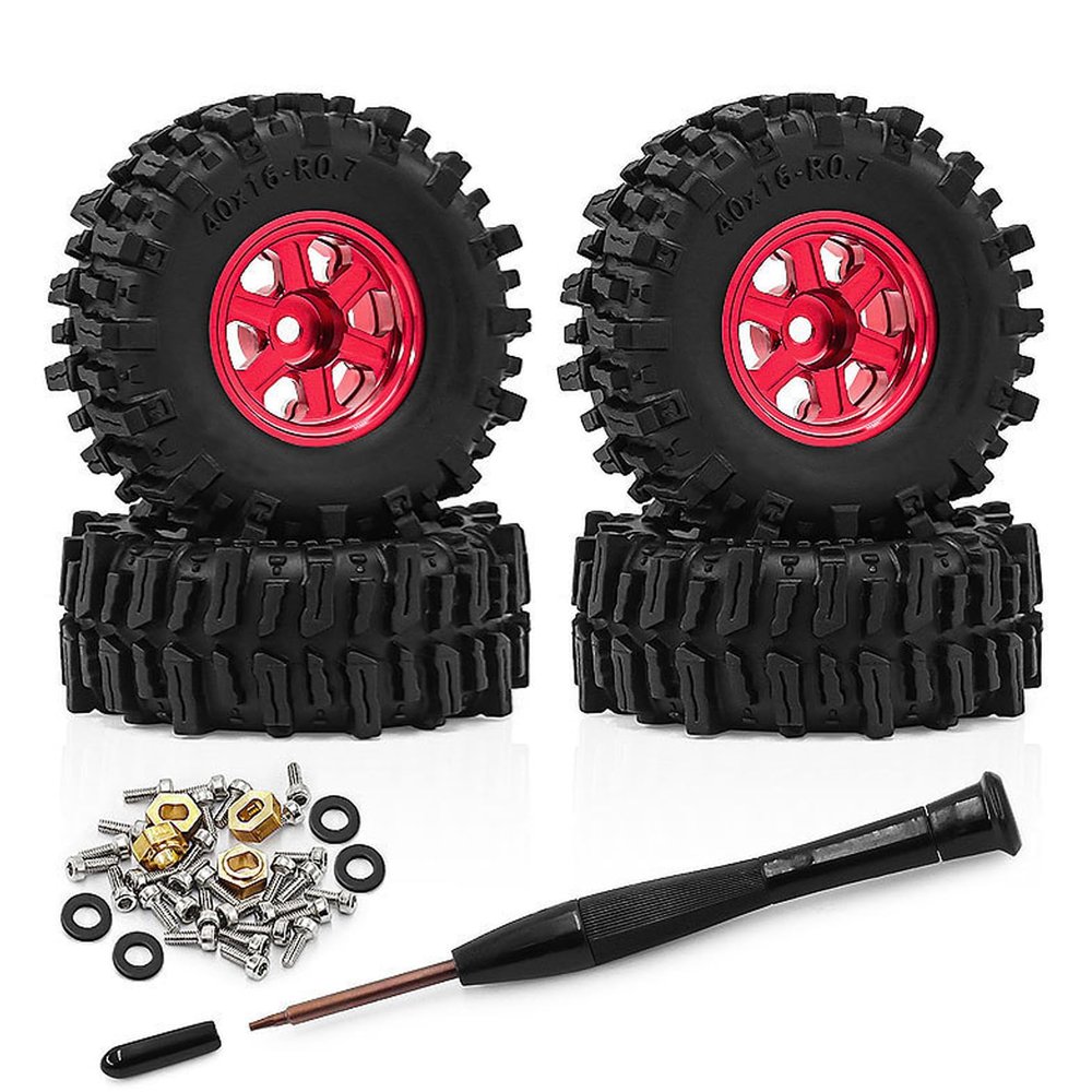 4PCS 0.7" Beadlock Tires Metal Wheels 1.57"x0.63" Sticky Foam-Filled Tires for scx30 upgrades 1/30 RC Crawler (Red)