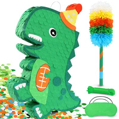 24" Dinosaur Pinata for Boys Birthday Party - Roaring Jurassic Theme Party Supplies with Matching Stick, Blindfold & Confetti - Sturdy Green Dino Centerpiece for Kids, Toddlers & Adventure Celebration