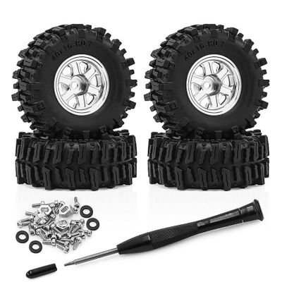 4PCS 0.7" Beadlock Tires Metal Wheels 1.57"x0.63" Sticky Foam-Filled Tires for scx30 upgrades 1/30 RC Crawler for redcat ascent 32 upgrades (Silver)
