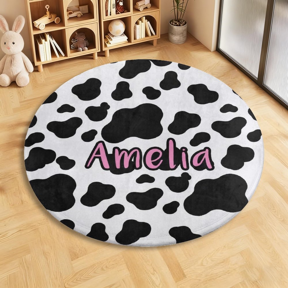 Goodstemu Customized Baby Rug with Name for Nursery, Personalized Cow Print Round Area Rugs for Baby Girls Boys, Super Soft Circular Rugs for Kids Room Bedroom Home Decor