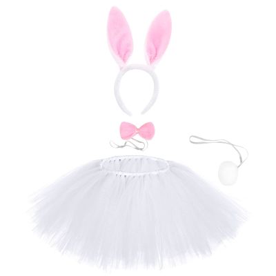 4PCS Easter Bunny Dress up Kids, Bunny Ear Headband + Bowtie + Tutu Skirt + Pom Pom Cosplay (Pink, 5-6 Years)