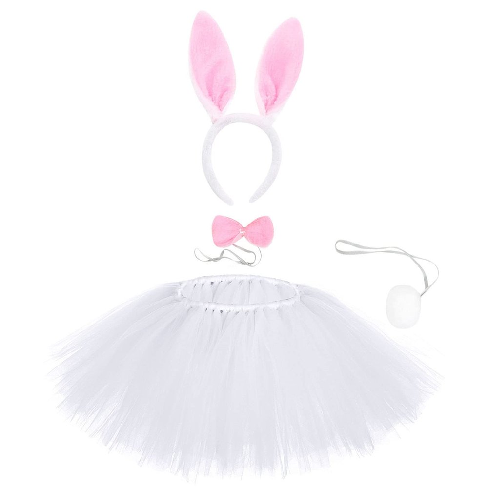 4PCS Easter Bunny Dress up Kids, Bunny Ear Headband + Bowtie + Tutu Skirt + Pom Pom Cosplay (Pink, 5-6 Years)