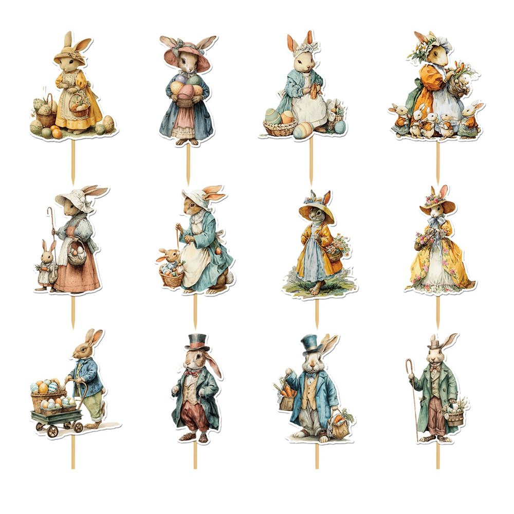12-Piece Easter Bunny Cake Toppers, 2.4x1.9 Inch Animal Insert Picks With Retro Design, Cupcake Decorations For Birthday Party Spring Desserts, DIY Baking Supplies, Festive Cupcake Toppers