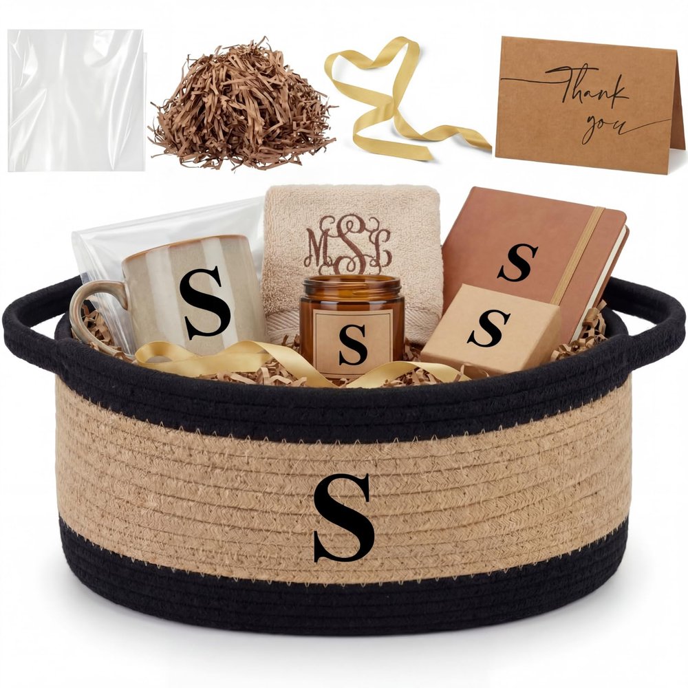 Colingmill Initial Woven Gift Basket Empty, DIY Decorative Personalized Gift Basket Monogram Cotton Rope with Handle Wrap Bag Ribbon Greeting Card Filler for Wedding Birthday(Neutral,Black Khaki)