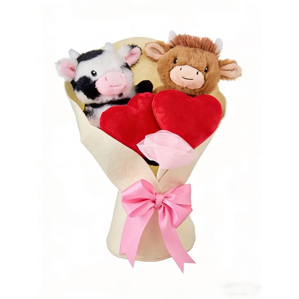 1PCS Cow Plush Bouquet - Valentine's Day Gifts with Hearts Bow, Stuffed Animal Bouquet for Wedding, Anniversary Home Decor