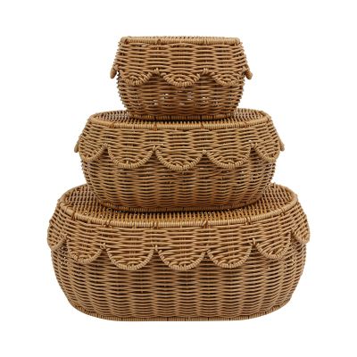 3 Pcs Scalloped Rattan Baskets with Lids, Woven Wicker Storage Baskets with Lids for Organizing, Scalloped Edge Baskets for Nursery, Bathroom, Medium, Large, Small, Oval