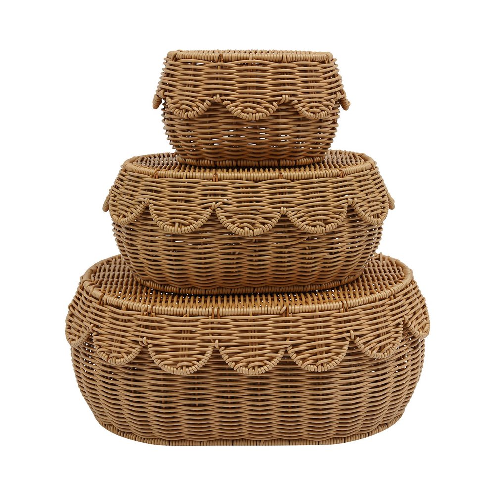 3 Pcs Scalloped Rattan Baskets with Lids, Woven Wicker Storage Baskets with Lids for Organizing, Scalloped Edge Baskets for Nursery, Bathroom, Medium, Large, Small, Oval