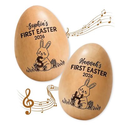 E EntrySanddie Personalized First Easter Musical Easter Egg Shaker for Babies, Bunny Laser Engraved Engraved Wooden Egg Shakers, Easter Basket Stuffer