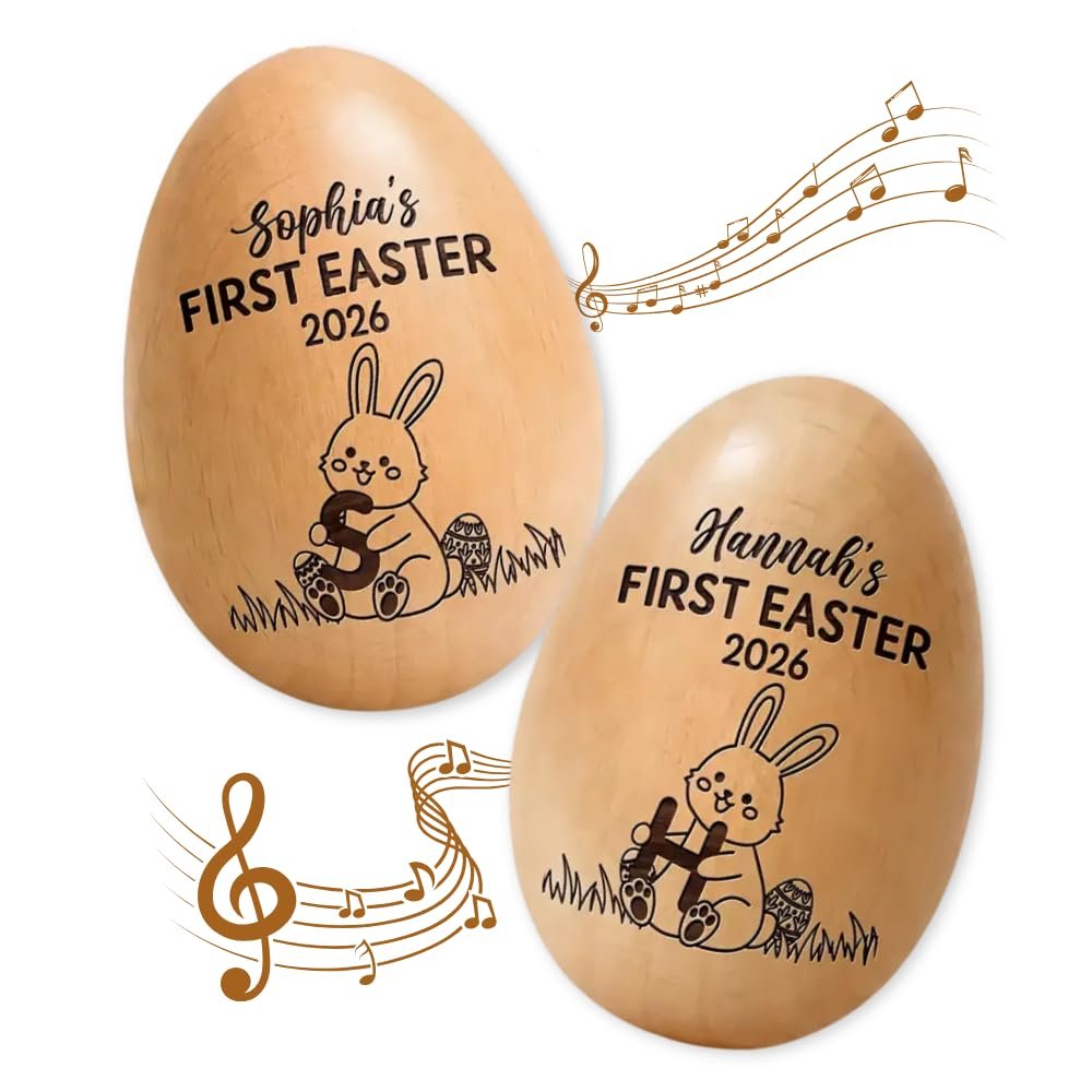 E EntrySanddie Personalized First Easter Musical Easter Egg Shaker for Babies, Bunny Laser Engraved Engraved Wooden Egg Shakers, Easter Basket Stuffer