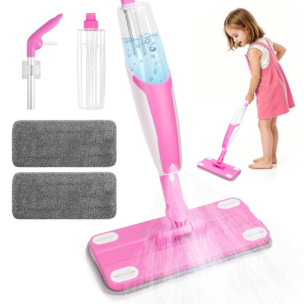 CYYSFIVQZ Kids Spray Mop, Toddler Cleaning Set with Real Water Sprayer, 2 Washable Mop Pads & Storage Clip, Pretend Play Montessori Housekeeping Toys for Boys Girls Ages 3 4 5 6 7 8