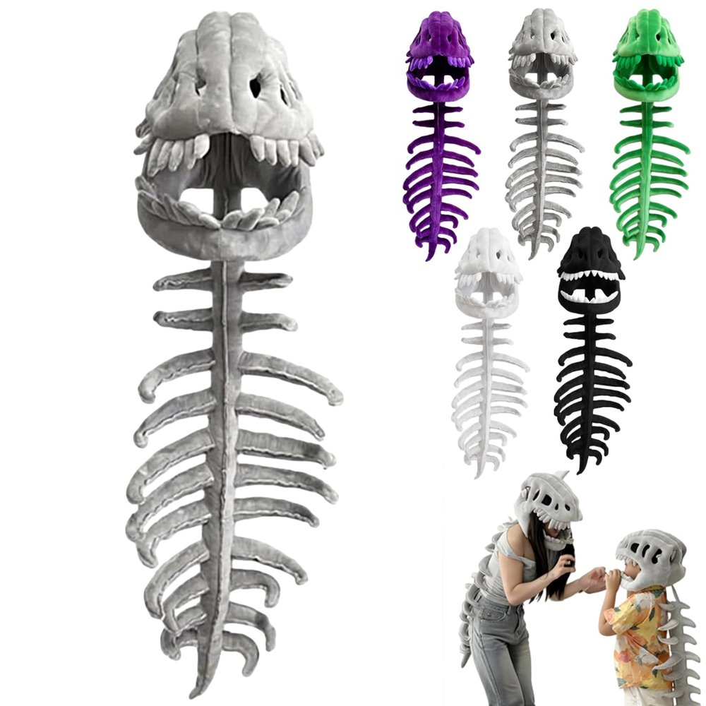 FAFVI Dinosaur Skeleton Costume, Silly Dino Plush Skeleton, 3D Spinosaurus Skull Mask & Plush Spine, For Cosplay Photo Shoots (Gray 31.49in)