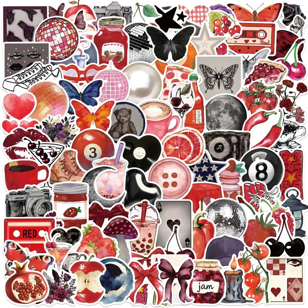 100Pcs Cute Aesthetic Girls Stickers, Trendy Y2k Aesthetic Downtown Stickers for Water Bottles, Waterproof Vinyl Decals for Laptop Kindle Scrapbook Computer(BlackRed)