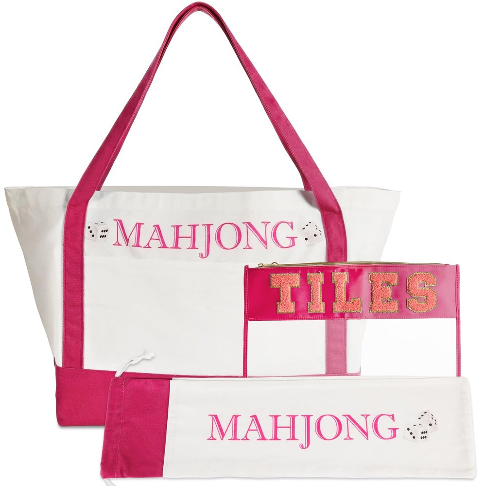 Bornerwhite 3 Pcs Empty Mahjong Bag Sets for Tiles and Racks Mahjong Tote Bag with Embroidered for American Mahjong Storage Game Night Mahj Accessories(Hot Pink)