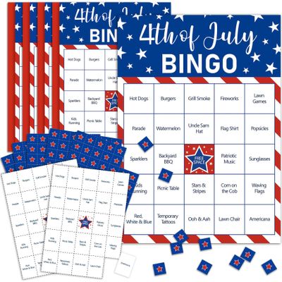 4th of July Bingo Game Set for 24 - Patriotic Party Activities, Independence Day Games for Family Reunion, School & Classroom Decorations 5" x 7" Cards