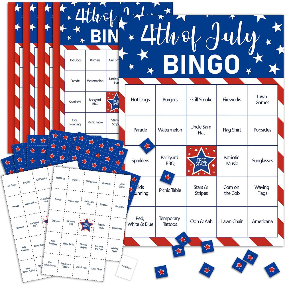4th of July Bingo Game Set for 24 - Patriotic Party Activities, Independence Day Games for Family Reunion, School & Classroom Decorations 5" x 7" Cards